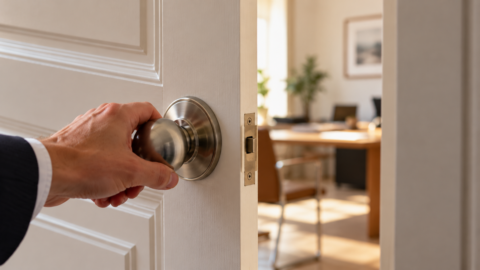 Una mano abriendo una puerta blanca con pomo metálico